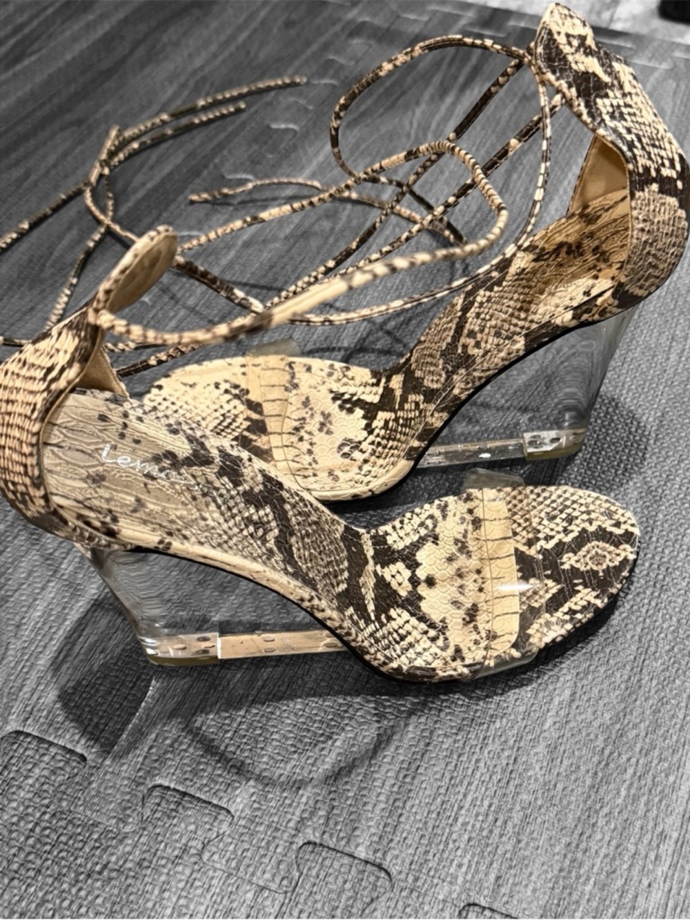 Clear Wedge Sandals with Beige Snake Print and Lace-Up Straps